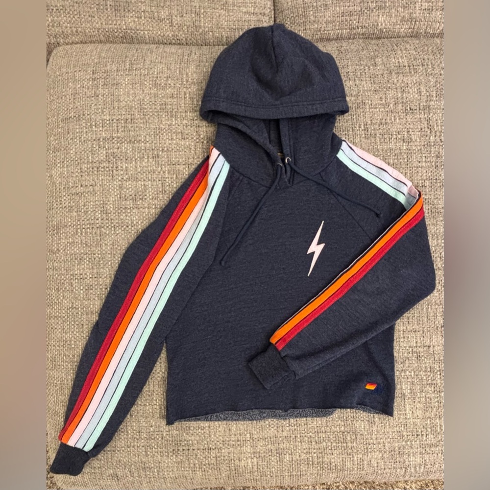 Aviator Nation 🌈 Navy Pastel Stripes Crop Hoodie Size Extra Small Like New